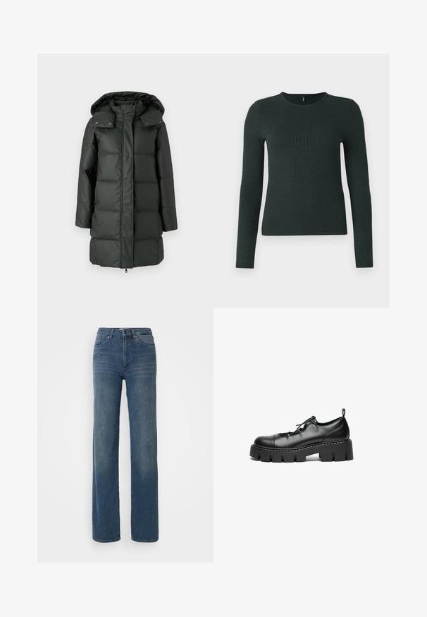 Doudoune vert foncé avec capuche amovible, texture matelassée, fermeture éclair et boutons-pression au col et aux poches.; T-shirt à manches longues côtelé en vert foncé, fabriqué à partir d'un matériau doux, avec un col rond et une coupe ajustée. La texture extensible améliore le confort.; Jeans droits taille haute bleus avec poches avant, passants de ceinture, bouton et fermeture éclair. Légères décolorations sur les cuisses.; Chaussures en cuir noir à lacets avec un bout rond, semelle plateforme épaisse et couture décorative le long du bord.