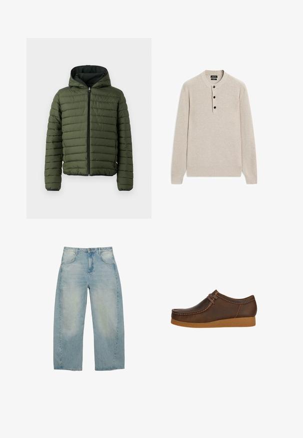 Veste rembourrée verte avec capuche, présentant un matelassage horizontal, une fermeture éclair à l'avant et des finitions noires le long des poignets et de l'ourlet.; Pull en maille côtelée beige avec manches longues et col rond comportant une patte de boutonnage à trois boutons.; Jean en denim bleu clair taille haute à jambes larges avec poches avant, fermeture par boutons et effet délavé sur les cuisses.; Chaussure en cuir marron avec un bout arrondi et des détails cousus, dotée d'un lacet marron et d'une semelle en caoutchouc texturé beige.