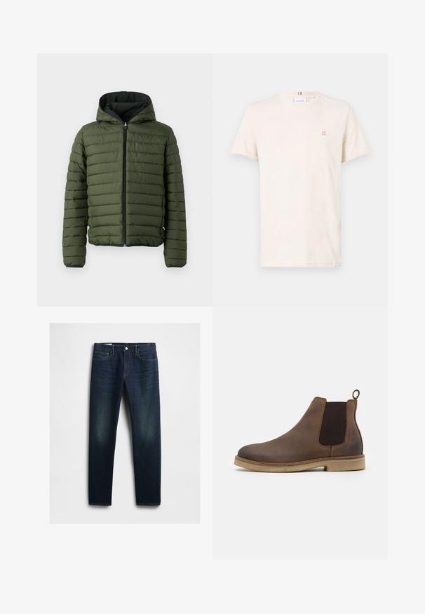 Veste rembourrée verte avec capuche, présentant un matelassage horizontal, une fermeture éclair à l'avant et des finitions noires le long des poignets et de l'ourlet.; T-shirt en coton couleur crème, col rond, manches courtes, arborant un petit logo orange "II" sur la poitrine et une rayure multicolore sur le col.; Jean en denim bleu foncé avec une coupe droite, comportant cinq poches, une braguette à boutons et un léger décoloration sur les cuisses. Détails de couture classiques.; Botte Chelsea en cuir marron avec des panneaux latéraux élastiques, bout rond, tirette et semelle texturée beige clair.