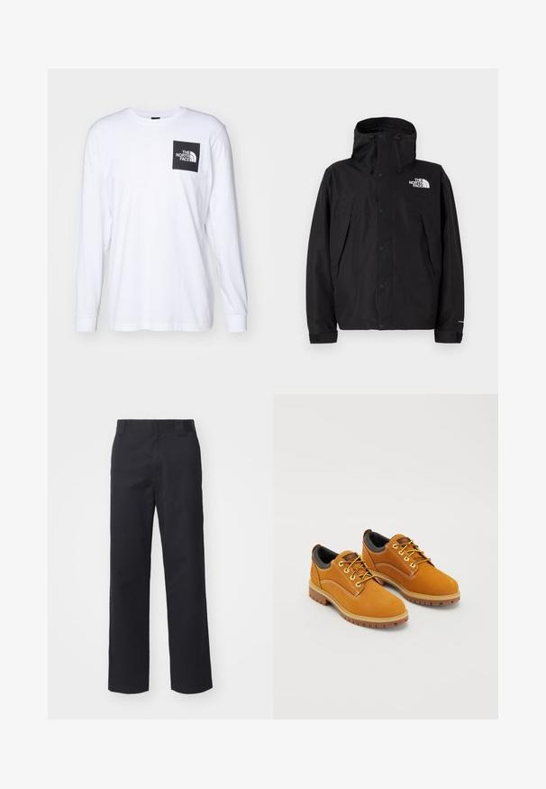 Sort vandtæt jakke med hætte, der har en lynlåslukning foran og trykknapper. Inkluderer logo på brystet og justerbare manchetter.; Hvid langærmet t-shirt med sort firkantet logo, der står "The North Face" på venstre overarm.; Sorte lige benbukser lavet af bomuldsblandet stof. Har en flad frontbetræk med bæltesløjfer og ingen synlig hardware eller udsmykninger.; Brune ruskindssko med rund tå, gule snørebånd, en polstret sort krave og gummisåler med skridsikre riller.