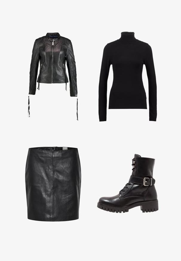 Maze LINDSEY - Læderjakker - black; Sort turtleneck sweater lavet af blød stof, med lange ærmer og en tætsiddende silhuet. Enkel design uden synlige mønstre eller dekorationer.; Sort læderskirt med en glat overflade, høj talje og lukning med knap foran. Har en slank, minimalistisk silhuet. Ingen mønstre eller accenter.; Sort læder ankelstøvle med snørebånd foran, justerbar metalspænde og kraftig sål. Har en glat overflade og struktureret design.