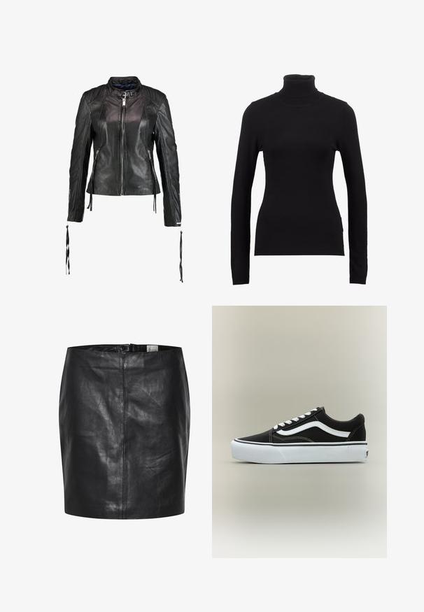 Maze LINDSEY - Læderjakker - black; Sort turtleneck sweater lavet af blød stof, med lange ærmer og en tætsiddende silhuet. Enkel design uden synlige mønstre eller dekorationer.; Sort læderskirt med en glat overflade, høj talje og lukning med knap foran. Har en slank, minimalistisk silhuet. Ingen mønstre eller accenter.; Lavtop sort sneaker med hvid side stribe, hvide snørebånd, hvid gummisål og tekstureret tåhætte på neutral baggrund.