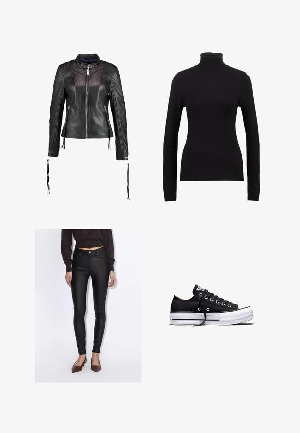 Maze LINDSEY - Læderjakker - black; Sort turtleneck sweater lavet af blød stof, med lange ærmer og en tætsiddende silhuet. Enkel design uden synlige mønstre eller dekorationer.; Kvinde iført sorte høj-taljede skinny bukser, en kropsnær mørkebrun knapbluse og brune spidse hæle.; Sort lavt sneakers i lærred med hvid sål i gummi, sorte snørebånd og metaløjer på hvid baggrund.