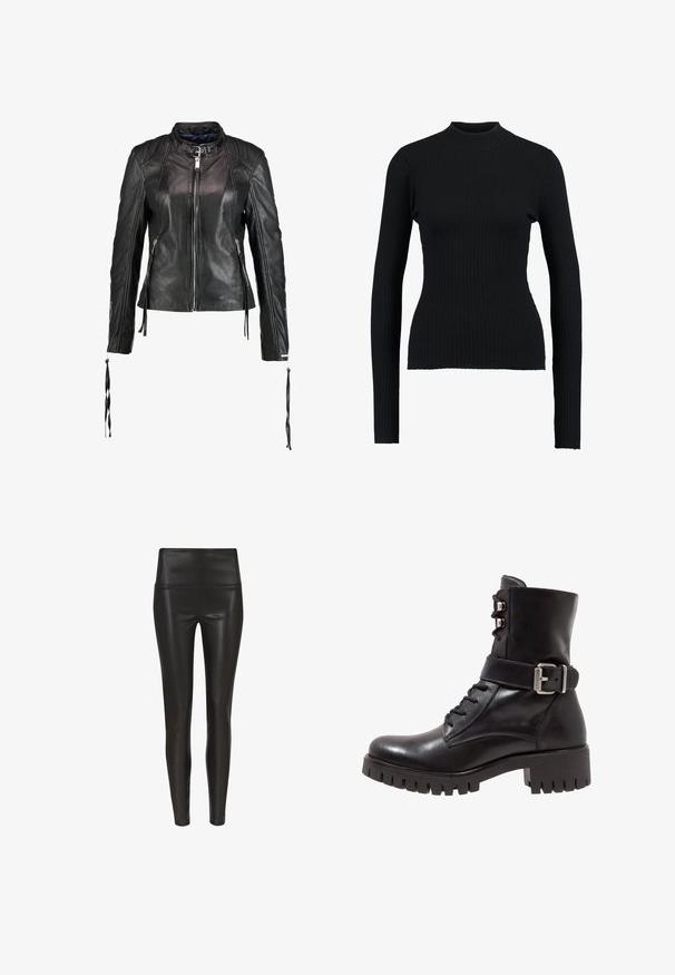 Maze LINDSEY - Læderjakker - black; Sort ribbet turtleneck sweatertype med lange ærmer og en tætsiddende pasform, der har en glat tekstur og en struktureret silhuet.; Højtaljede sorte leggings i kunstlæder med en glat, blank finish og en tætsiddende silhuet, der snævrer ind ved anklen. Ingen synlige sømme.; Sort læder ankelstøvle med snørebånd foran, justerbar metalspænde og kraftig sål. Har en glat overflade og struktureret design.