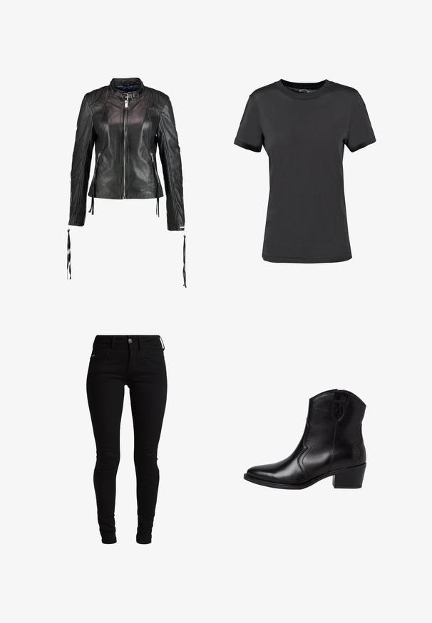 Maze LINDSEY - Leren jas - black; Zwarte korte mouwen t-shirt gemaakt van een gladde stof. Heeft een ronde hals zonder zichtbare patronen of accenten, wat zorgt voor een eenvoudig ontwerp.; Zwarte skinny jeans van denim, met een klassiek vijf-pocket ontwerp, riemlussen en een sluiting met een voorste knoop. Glad, elastisch textuur.; Zwarte leren enkellaarsjes met een spitse neus, gebogen zijkanten en een lage blokhak. Voorzien van een ritssluiting en een gladde textuur.