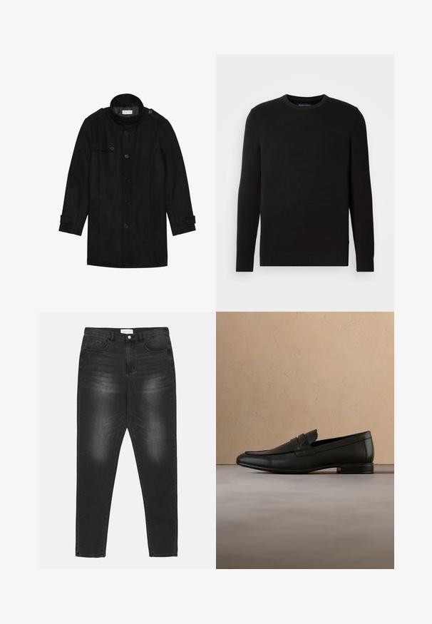 Manteau en laine noir avec un col haut, fermeture à boutons à l'avant, deux poches latérales et des accents de boutons sur les manches. Design minimaliste et texture lisse.; Pull noir en mailles avec col rond, manches longues, tissu texturé, bords-côtes au niveau des poignets et de l'ourlet, avec un petit logo sur la poitrine.; Jean en denim noir avec un effet délavé, taille haute, design à cinq poches et accessoires en métal argenté. Coupe droite avec des détails de surpiqûres contrastées.; Mocassin en cuir noir flottant au-dessus d'un tapis beige avec un canapé beige dans un intérieur minimaliste.