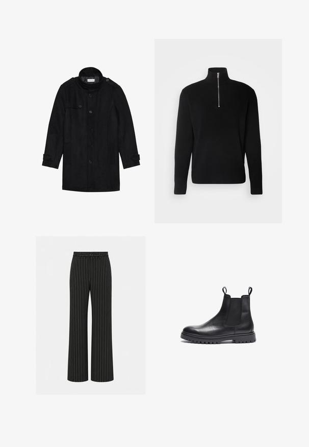 Schwarzer Wollmantel mit hohem Kragen, knöpfbarem Frontverschluss, zwei Seitentaschen und Knopfakzenten an den Ärmeln. Minimalistisches Design und glatte Textur.; Lindbergh HALF ZIP RIB KNIT - Strickpullover - black; Schwarze Hose mit weitem Bein und weißen vertikalen Nadelstreifen, Knopf und Gürtelschlaufen an der Taille.; Schwarze Leder Chelsea-Boots mit strukturierter Oberfläche, elastischen Seitenpanels und Zuglaschen. Verfügt über eine klobige Gummisohle mit Profil.