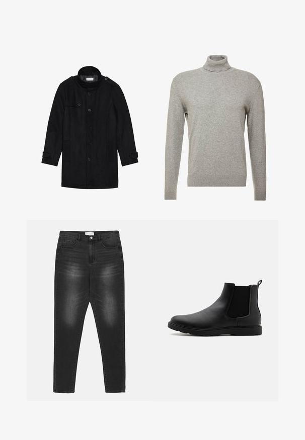Schwarzer Wollmantel mit hohem Kragen, knöpfbarem Frontverschluss, zwei Seitentaschen und Knopfakzenten an den Ärmeln. Minimalistisches Design und glatte Textur.; Grauer Pullover mit hohem Kragen und langen Ärmeln. Hergestellt aus einem glatten, weichen Material mit taillierter Passform und gerippten Akzenten am Saum.; Schwarze Denim-Jeans mit einer ausgeblichenen Waschung, hoher Taille, Fünf-Taschen-Design und silberner Hardware. Gerade Beinform mit Kontrastnähten.; Schwarze Leder-Chelsea-Stiefel mit elastischen Seitenpaneelen, einem Zugband und einer robusten Gummisohle. Glatte Textur und elegantes Design.
