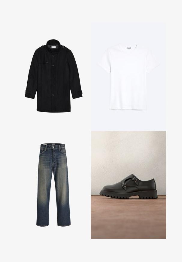 Sort uldfrakke med høj krave, knaplukning foran, to sidelommer og knapdetaljer på ærmerne. Minimalistisk design og glat tekstur.; Enkelt hvid T-shirt med korte ærmer og rund hals med synligt WEEKDAY-mærke i kraven, vist på en lys baggrund.; Bredde ben jeans i mørkeblå denim med en gradient finish, der har en knaplukning, fem lomme-design og strukturerede syninger.; Sort lædersko med dobbelte spænderemme, rundet tå og tekstureret, tyk gummisål. Minimalistisk design med kontrasterende blåt indre.