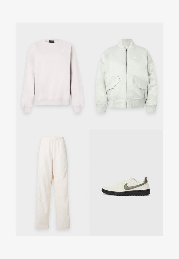 Veste bomber gris clair en tissu brillant, avec un col et des poignets côtelés, fermeture éclair, et plusieurs poches avant avec des rabats inclinés.; Sweatshirt beige clair à col ras du cou avec des manches longues et un petit logo Jumpman blanc sur la poitrine gauche.; Pantalon couleur crème à taille élastique et coupe droite, de coupe ample, présenté sur un fond blanc uni.; Nike Sportswear FIELD GENERAL - Baskets basses - off-white/black