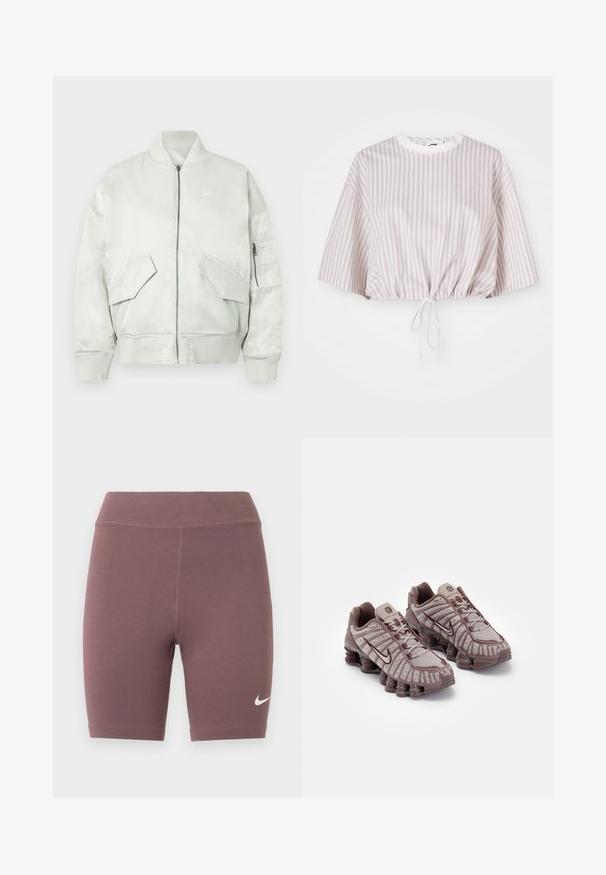 Chaqueta bomber de color gris claro hecha de tela brillante, con cuello y puños acanalados, cierre de cremallera y múltiples bolsillos frontales con solapas inclinadas.; Top recortado de mangas cortas en lavanda claro y rayas verticales blancas. Presenta un cordón en el dobladillo para un ajuste ajustable.; Pantalones cortos de ciclista en un color malva apagado, hechos de tela elástica. Cuenta con una cintura alta y un pequeño logo Nike swoosh blanco.; Nike Sportswear SHOX TL - Zapatillas - pumice/night maroon/plum eclipse