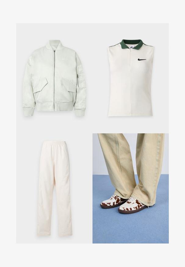 Svetlosivá bomber bunda vyrobená z lesklého materiálu, s rebrovaným golierom a manžetami, zipsom a viacerými prednými vreckami s naklonenými klapkami.; Biely bezrukávnik Nike s rebrovanou textúrou, tmavozeleným golierom, polovičným zipsom a čiernym logom Nike na hrudi.; Voľné nohavice krémovej farby s elastickým pásom a rovnými nohavicami, zobrazené na bielom pozadí.; Biele a hnede vzorované tenisky z mesh a kože, s hnedými gumovými podrážkami. Skombinované so svetlobežovými voľnými nohavicami.