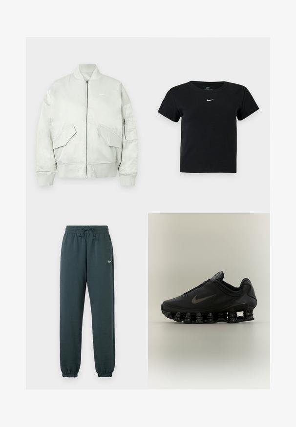 Lys grå bomberjakke lavet af blankt stof, med ribbet krave og manchetter, lynlås lukning og flere frontlommer med skrå klapper.; Sort ribbet t-shirt med korte ærmer, der har et lille hvidt Nike-logo på brystet og en rund halsudskæring.; Mørkegrønne Nike joggerbukser lavet af blødt stof, med en elastisk talje med justerbar snor og forsynede ben.; Sort Nike-sneaker med lynlåsfunktion øverst og karakteristisk fjederlignende opdelt sål, vist i sideprofil mod en neutral baggrund.