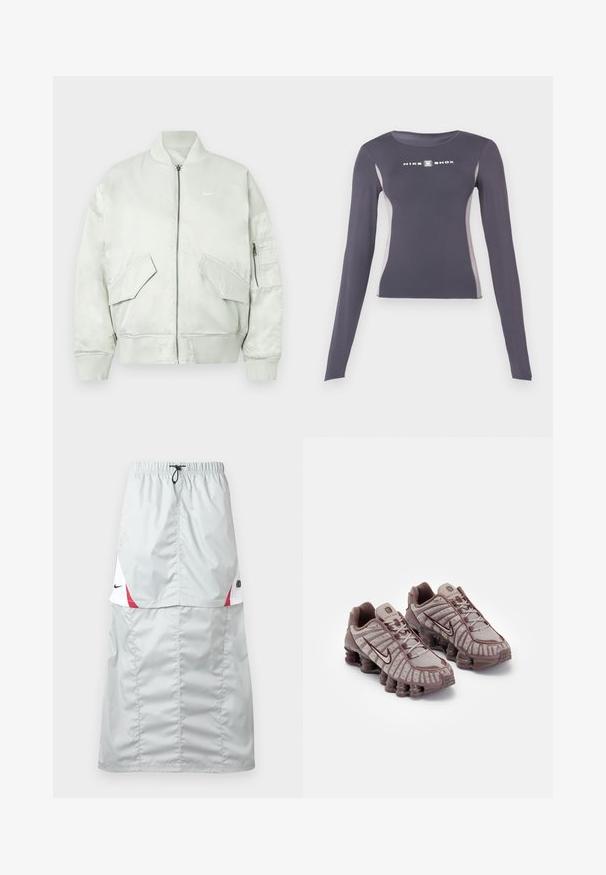Hellgraue Bomberjacke aus glänzendem Material, mit geripptem Kragen und Bündchen, Reißverschluss und mehreren Fronttaschen mit schrägen Klappen.; Dunkelgraues, langärmliges, eng anliegendes Sportoberteil mit hellgrauen Seitenpaneelen und weißem "Nike Shox"-Logo auf der Brust.; Hellgrauer, langer Sportrock aus glänzendem, glattem Material; mit roten und weißen Akzenten, elastischem Bund und Nike-Logo an der Seite.; Nike Sportswear SHOX TL - Sneaker low - pumice/night maroon/plum eclipse
