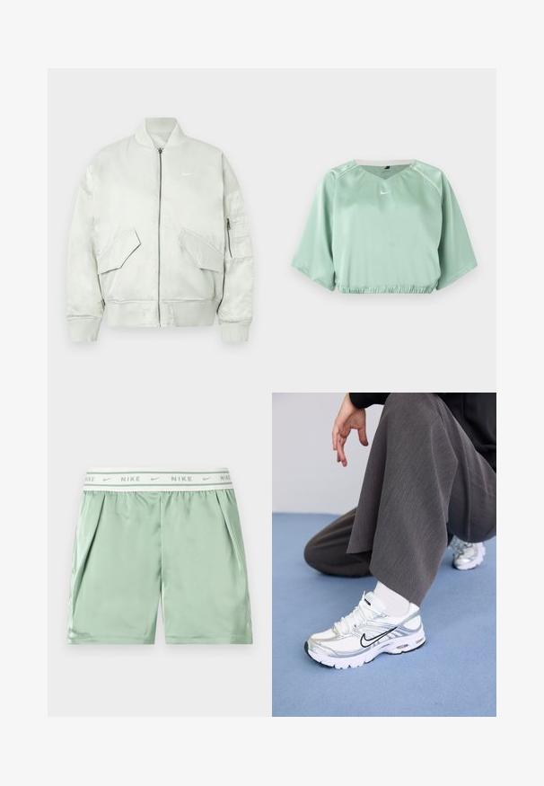 Veste bomber gris clair en tissu brillant, avec un col et des poignets côtelés, fermeture éclair, et plusieurs poches avant avec des rabats inclinés.; Top de sport court vert menthe avec manches courtes larges, taille élastique, liseré blanc aux épaules et petit logo Nike blanc au centre devant.; Short de sport Nike vert clair avec une ceinture élastique blanche affichant des logos Nike répétés et des poches latérales.; Baskets de sport blanches et argentées avec des matériaux en maille et synthétiques, dotées de lignes d'accent noir, de lacets et de semelles texturées.