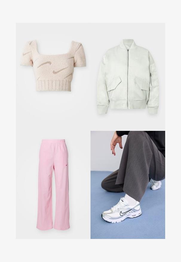 Lys grå bomberjakke lavet af blankt stof, med ribbet krave og manchetter, lynlås lukning og flere frontlommer med skrå klapper.; Kortærmet cropped top i blød, tekstureret stof. Lys pink farve med brune, bølgete mønstre. Fyrkantet udskæring og ribbet kant.; Lyserøde elastik-bukser med afslappet pasform. Har et rødt logo på venstre side og en glat, let struktur.; Hvide og sølv atletik sko med meshej og syntetiske materialer, der har sorte accentlinjer, snørebånd og strukturerede såler.