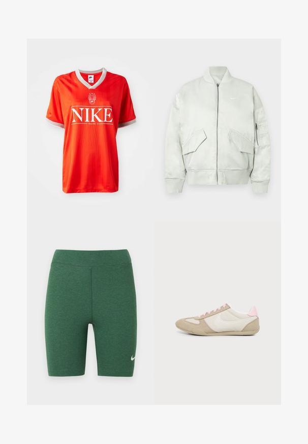 Svetlosivá bomber bunda vyrobená z lesklého materiálu, s rebrovaným golierom a manžetami, zipsom a viacerými prednými vreckami s naklonenými klapkami.; Červený dres Nike s výstrihom do V, šedým lemovaním na rukávoch a veľkým bielym logom "NIKE". Hladká, ľahká tkanina so jemným pruhovaným vzorom.; Zelené športové šortky z elastickej látky. Dizajn s vysokým pásom, ploché švy a biele logo Nike na spodnej ľavej nohe.; Nízky profil béžovo-bielej tenisky s ružovými akcentmi a šnúrkami, s veľkým bielym logom swoosh na boku.