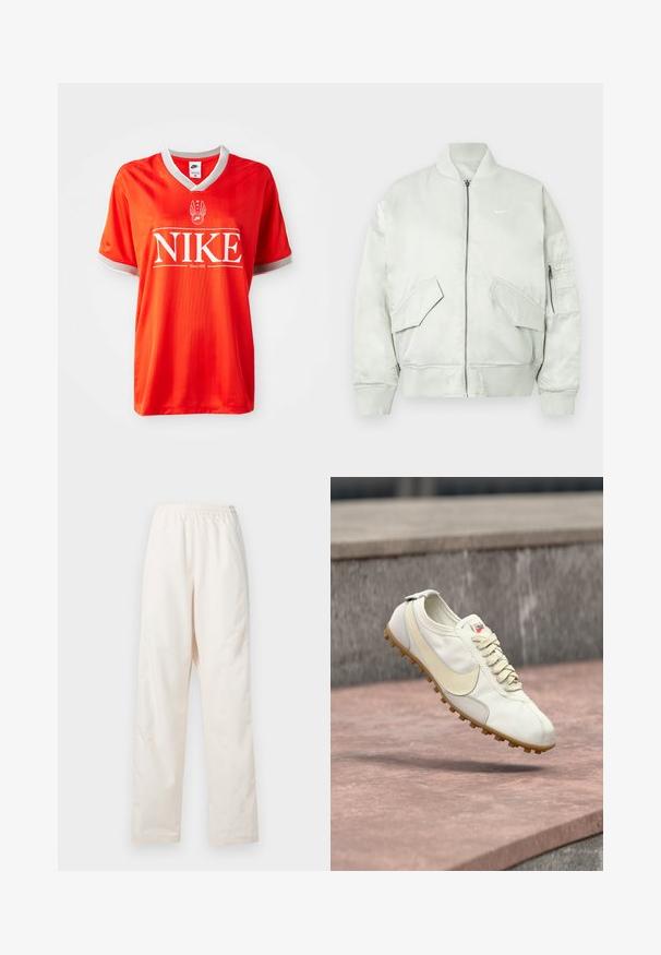 Svetlosivá bomber bunda vyrobená z lesklého materiálu, s rebrovaným golierom a manžetami, zipsom a viacerými prednými vreckami s naklonenými klapkami.; Červený dres Nike s výstrihom do V, šedým lemovaním na rukávoch a veľkým bielym logom "NIKE". Hladká, ľahká tkanina so jemným pruhovaným vzorom.; Voľné nohavice krémovej farby s elastickým pásom a rovnými nohavicami, zobrazené na bielom pozadí.; Biela a béžová športová obuv so šnúrkami a gumovou podrážkou vznášajúca sa nad kamenným povrchom s rozmazaným betónovým pozadím.