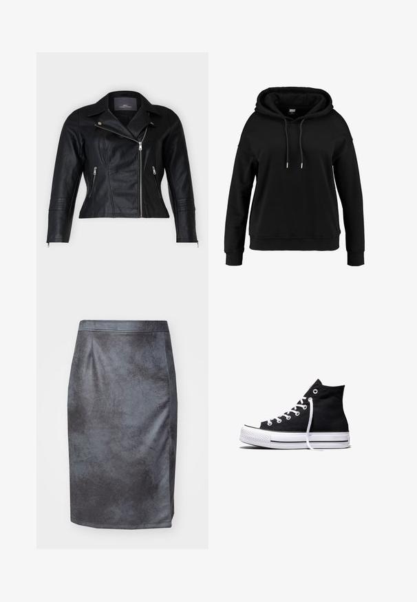 Schwarze Leder-Bikerjacke mit tailliertem Schnitt, eingekerbten Revers, zwei Reißverschlussfronttaschen und strukturierten Schulterakzenten.; Schwarzer Kapuzenpullover mit lockerer Passform, Kordelzug am Hals, langen Ärmeln, gerippten Bündchen und Saum. Aus weichem, strukturiertem Stoff gefertigt.; Grauer Kunstleder-Bleistiftrock mit glatter Textur, hoher Taille und Schlitzdetail auf der linken Seite. Keine sichtbaren Verschlüsse oder Muster.; Schwarzer High-Top-Canvas-Sneaker mit weißer Gummisohle und weißen Schnürsenkeln, seitlich dargestellt vor weißem Hintergrund.