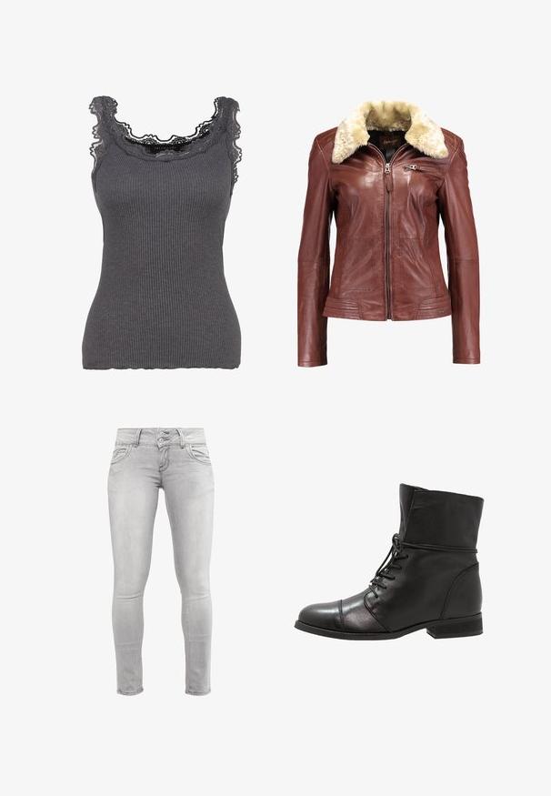 Maze MORELIA - Leren jas - cognac; Grijze geribbelde tanktop met kanten rand bij de halslijn. De stof is zacht met een aansluitende pasvorm, heeft een lichte rek en gegolfde randen.; Lichtgrijze skinny jeans gemaakt van denim, met een gladde textuur, dubbele knoopsluiting en voorzakken met gebogen naden.; Zwarte leren enkelboot met een ronde neus, vetersluiting aan de voorkant en een lage blokhak. Glad leer met stikseldetails en een omgeslagen kraag.