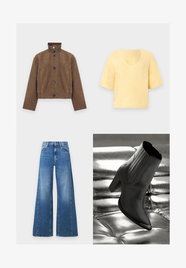 Brun ruskindsjakke med høj krave, fem sorte knapper, sidelommer og elastisk kant for en struktureret pasform.; Blød strikket kortærmet sweater i sart gul med V-hals og afslappet pasform.; Bredde ben blå denim jeans med høj talje, der har forlommer og et falmet udseende, lavet af bomuld med en glat tekstur.; Sorte læder ankelstøvle med høj hæl, prydet med lodret syning og en skinnende sølvdetalje på tåen, sat på en metallisk baggrund.