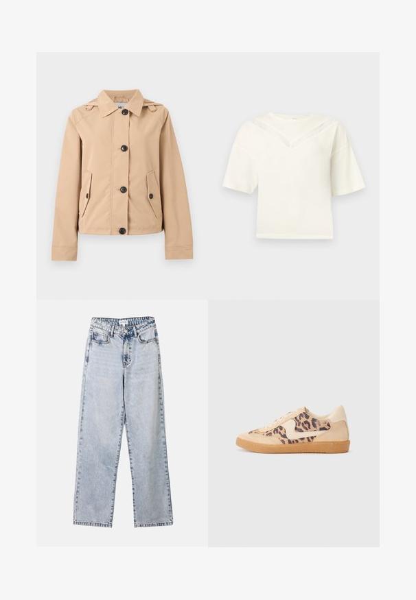 Chaqueta beige abotonada con cuello, dos bolsillos delanteros con solapa, mangas largas y detalles de tiras en los hombros.; Top blanco de manga corta con un corte amplio y un sutil patrón en forma de V de encaje en el pecho y los hombros, mostrado sobre un fondo liso.; Vaqueros de pierna recta de color azul claro, confeccionados en denim, con dos bolsillos frontales, cierre de botón y costuras en contraste a lo largo de las costuras.; Zapatillas de leopardo con parte superior de ante beige, suela de goma marrón y acentos blancos. Punta redonda y diseño con cordones con un acabado texturado.