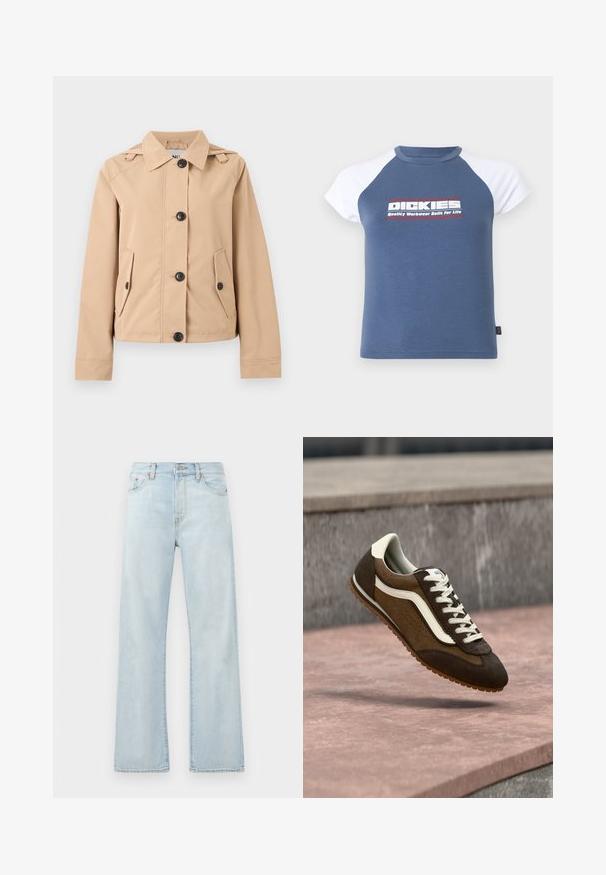 Beige blouse met knopen, kraag, twee klepzakken aan de voorkant, lange mouwen en details met schouderriemen.; Blauw-wit raglan-t-shirt met mouwen in contrasterende kleur en het logo "Dickies Quality Workwear Built For Life" in het midden van de borst.; Lichtblauwe denim jeans met een hoge taille, wijde pijpen en subtiele vervaging. Bevat klassieke vijf-vakken stijl en tonale stikselaccenten.; Bruine en donkerbruine suède sneaker met witte streep en veters, zwevend boven een roze stenen oppervlak en een grijze achtergrond.