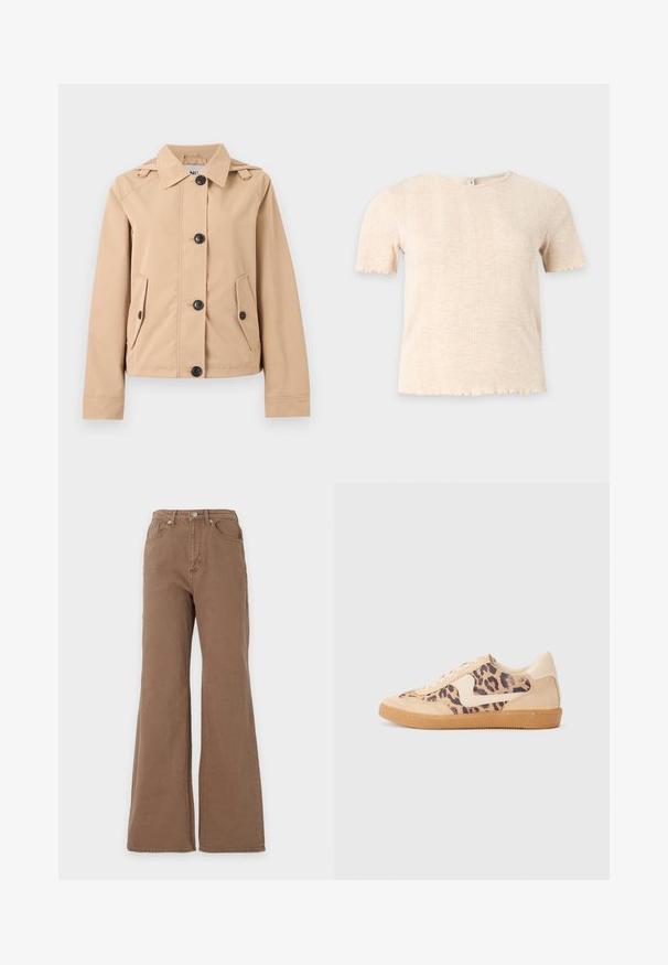 Beige blouse met knopen, kraag, twee klepzakken aan de voorkant, lange mouwen en details met schouderriemen.; Beige gebreide top met korte mouwen, ronde hals en subtiel verticaal geribd patroon, op effen lichtgrijze achtergrond.; Bruine high-waist jeans met een uitlopende pijp, sluiting met knopen aan de voorzijde en voor- en achterzakken, getoond tegen een effen achtergrond.; Luipaardprint sneakers met een beige suède bovenkant, tan rubberen zool en witte accenten. Ronde neus en vetersluiting met een gestructureerde afwerking.