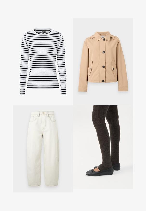 Beige blouse met knopen, kraag, twee klepzakken aan de voorkant, lange mouwen en details met schouderriemen.; Witte geribbelde longsleeve met smalle zwarte horizontale strepen en een ronde hals.; Roomy, hoog oplopende, wijde jeans van crèmegekleurde denim met voorzakken en zichtbare stiksels op een effen achtergrond.; Benen met donkere geribbelde leggings gecombineerd met zwarte ballerina's met kleine strikdetails op een witte achtergrond.