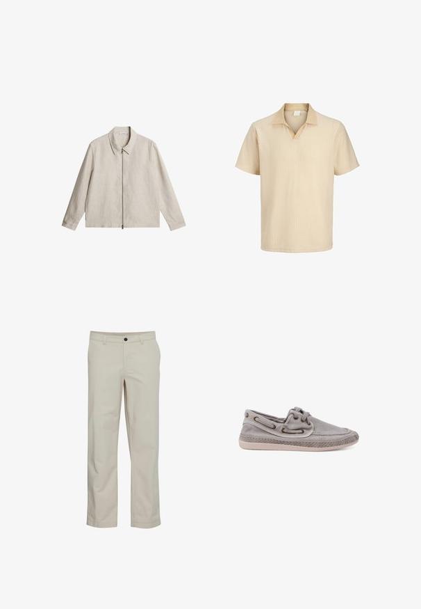 Beige Jacke mit langen Ärmeln, spitzem Kragen und durchgehendem Reißverschluss vorne, gefertigt aus strukturiertem Stoff.; Kurzärmliges Poloshirt in hellem Beige mit dezenten vertikalen Streifen. Verfügt über einen V-Ausschnitt und einen kontrastierenden Kragen in glatter Textur.; Beige Baumwollhose mit geradem Bein, Fronttaschen und einem einzelnen Knopfverschluss. Glatte Textur und minimale Nähte.; Graue Canvas-Bootsschuhe mit niedrigem Profil, runder Zehenform, Schnürdesign mit Metallösen und einer strukturierten Sohle mit genähten Details.