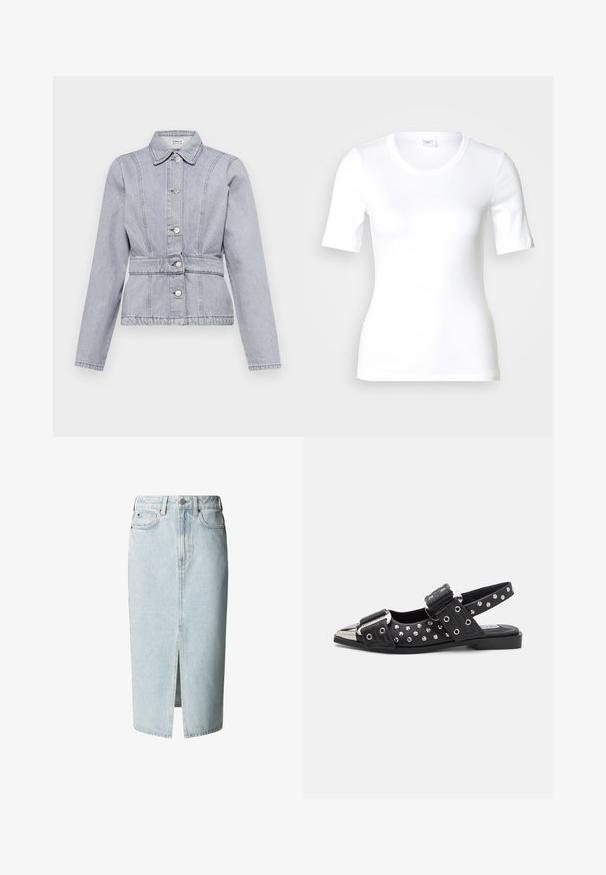 Hellgraue Jeansjacke mit Kragen, Druckknöpfen, taillierter Passform und subtilen Stichdetails. Lange Ärmel mit strukturiertem Design.; Weißes T-Shirt mit kurzen Ärmeln aus glattem Baumwollstoff, mit rundem Ausschnitt und figurbetonter Form. Klassisches Design, ohne Muster oder Akzente.; Hellblauer Denim-Midirock mit vorderem Schlitz, Gürtelschlaufen, Knopf- und Reißverschluss sowie Front- und Gesäßtaschen.; Schwarze Slingback-Schuhe mit Nietenakzenten, flachem Absatz, metallener Zehenschutzkappe und verstellbaren Riemen mit Schnalle. Dekorative Hardware-Details vorhanden.