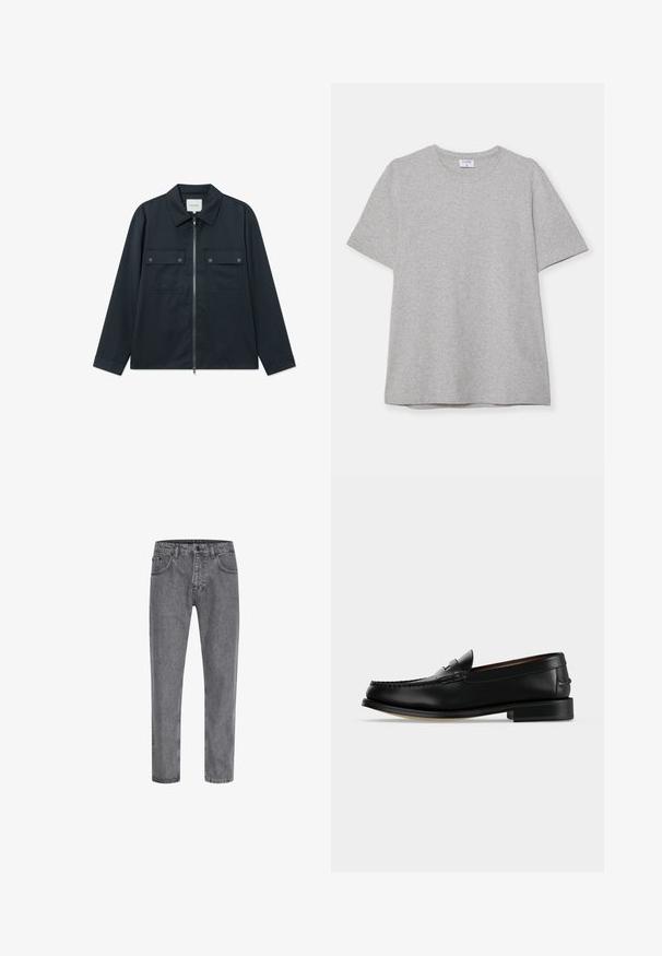Marineblaues Jackett mit Reißverschluss vorne, langen Ärmeln und zwei Brusttaschen. Verfügt über einen Umlegekragen und ein sauberes, minimalistisches Design.; Graues T-Shirt mit kurzen Ärmeln aus weichem, strukturiertem Stoff. Verfügt über einen klassischen Rundhalsausschnitt und einen geraden Saum, geeignet für legere Trageanlässe.; Graue Denim-Jeans mit geradem Schnitt, Fünf-Taschen-Design, klassischem Knopf- und Reißverschluss, sowie subtiler Ausbleichung der Stoffstruktur.; Schwarzer Leder-Herrenschuh (Loafer) mit niedrigem Absatz und Mokassin-artiger Naht am Zehenbereich, seitlich auf einfarbigem Hintergrund dargestellt.