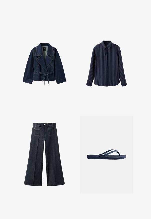 Chaqueta vaquera corta azul oscuro con cuello ancho, mangas largas, bolsillos delanteros y cinturón para atar en la cintura.; Camisa azul marino de manga larga con botones, con finas rayas verticales blancas y cuello clásico, mostrada sobre un fondo blanco.; Vaqueros de mezclilla de pierna ancha de color azul oscuro con bolsillos delanteros, presillas para cinturón y cierre de botón en la cintura, colocados planos sobre un fondo blanco.; Chancla de goma azul marino con suela texturizada y tiras en forma de Y, aislada sobre fondo liso gris claro.