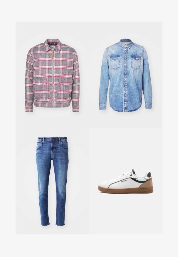Veste à carreaux grise et rouge avec fermeture éclair à l'avant, deux poches avant et un col simple. Fabriquée dans un tissu texturé. Design décontracté.; Chemise en denim bleu clair à manches longues, col boutonné, deux poches sur la poitrine et surpiqûres contrastées. Ourlet arrondi et coupe classique.; Jean en denim bleu avec une coupe slim, design à cinq poches et léger délavage. Équipé d'un bouton et d'une fermeture éclair de marque.; Baskets basses blanches avec semelle marron, accents verts et beige, lacets blancs, et logo "Pepe Jeans London" sur le côté.