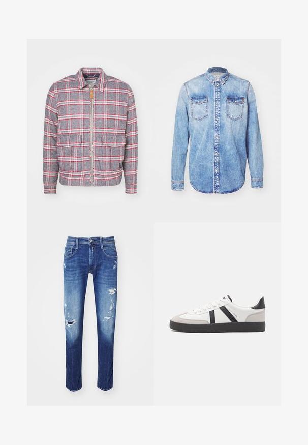 Grau-rot kariertes Jackett mit Reißverschluss, zwei Vorderaschen und einem schlichten Kragen. Aus einem strukturierten Stoff gefertigt. Lässiges Design.; Hellblaues Denimhemd mit langen Ärmeln, Button-Down-Kragen, zwei Brusttaschen und kontrastierenden Nähten. Abgerundeter Saum und klassische Passform.; Dunkelblaue Jeans aus Denim mit Rissen, Fünf-Taschen-Design und dezentem Ausbleichen. Gerade Passform mit sauberen Nähten.; Weiße Sneaker mit schwarz- und grau-aczenten, ausgestattet mit einer strukturierten grauen Zehenkappe, schwarzer Gummi-Sohle und flachen weißen Schnürsenkeln. Sauberes Design, minimalistische Stil.
