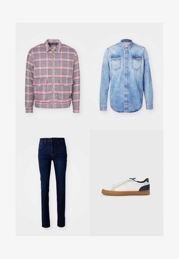 Grijze en rode geruite jas met een rits aan de voorkant, twee voorzakken en een eenvoudige kraag. Gemaakt van een gestructureerde stof. Casual ontwerp.; Lichtblauw denim shirt met lange mouwen, button-down kraag, twee borstzakken en contrasterende stiksels. Afgeronde zoom en klassieke pasvorm.; Donkerblauwe denim jeans met een rechte snit, vijf-pocketontwerp en subtiele stiksels. De stof heeft een soepele textuur.; Witte canvas sneakers met marineblauwe en grijze suède accenten. Voorzien van een rubberen zool in tandpasta kleur, een afgeronde neus en een klassiek vetersysteem.