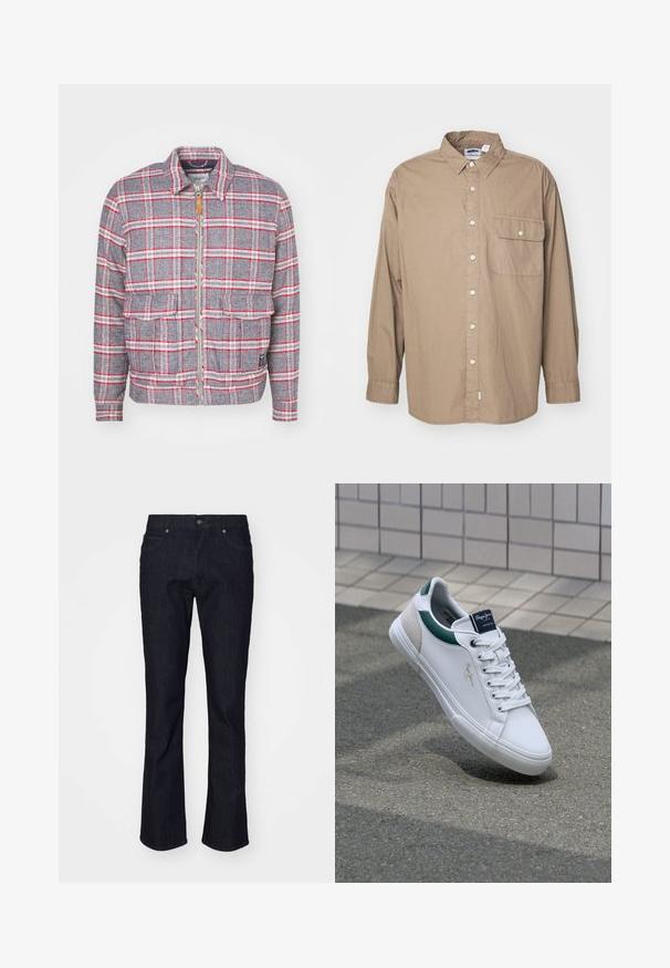 Grå og rød ternet jakke med lynlås foran, to forlommer og en simpel krave. Lavet af et struktureret stof. Casual design.; Tanktop, lange ærmer, lysbrun bomuldsstof, knaplukning fortil, enkelt brystlomme med flap, klassisk krave, lige kant.; Mørk denim jeans med lige ben-design, der har en klassisk fire-lomme stil og diskrete syninger. Metalknap og nitter inkluderet.; Hvide lædersneakers med grønne og beige accenter, der har en tekstureret sål, rund tå og traditionelt snørrebåndsdesign.