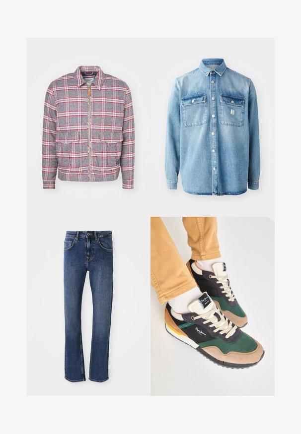 Grijze en rode geruite jas met een rits aan de voorkant, twee voorzakken en een eenvoudige kraag. Gemaakt van een gestructureerde stof. Casual ontwerp.; Lichtblauwe denim shirt met lange mouwen, puntkraag, twee borstzakken en een knoopsluiting aan de voorkant. Bevat subtiele stofstructuur en stikdetails.; Lichtblauwe denim jeans met een rechtzaad ontwerp, vijf-pocketstijl en metalen knoopsluiting. Bevat subtiele stiksels en een gladde textuur.; Groene en zwarte sneaker met suède en mesh materialen, crèmekleurige veters, multicolore accenten en een gestructureerde zool. Pepe Jeans-logo zichtbaar.