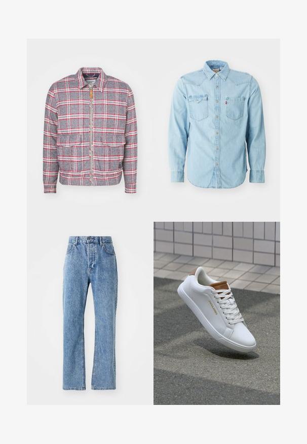 Grau-rot kariertes Jackett mit Reißverschluss, zwei Vorderaschen und einem schlichten Kragen. Aus einem strukturierten Stoff gefertigt. Lässiges Design.; Helle denim-langarmbluse mit spitzem Kragen, zwei Brusttaschen, silbernen Druckknöpfen und Kontrastnähten. Glatte Textur.; Hellblaue Denim-Jeans mit hoher Taille, weitem Bein-Design, klassischem Fünf-Taschen-Stil und dezentem Verblassen des Materials.; Weiße Ledersneaker mit glatter Textur, tanfarbener Akzent an der Ferse, goldenes Logo an der Seite und Gummisohle mit strukturiertem Griff.