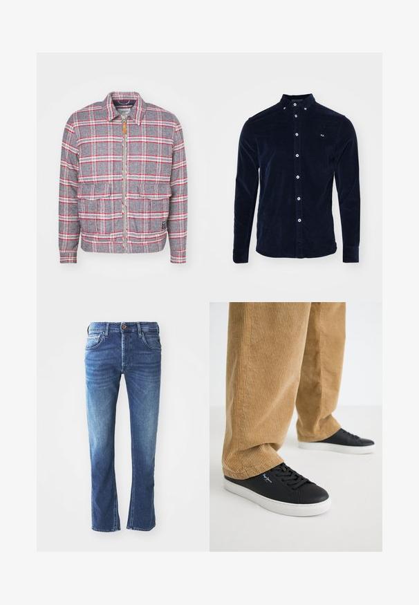Grå og rød ternet jakke med lynlås foran, to forlommer og en simpel krave. Lavet af et struktureret stof. Casual design.; Mørkeblå kordfløjls skjorte med knap-eller, frontknapper, lange ærmer og et lille broderet logo på brystet.; Mørkeblå denim jeans med lige ben-design, der har fem lommer, en brun knaplukning og diskret lys udtoning ved lårene.; Sorte lædersneakers med hvide gummisåler. Båret med tanfarvede corduroybukser med vertikale ribber og en afslappet pasform.