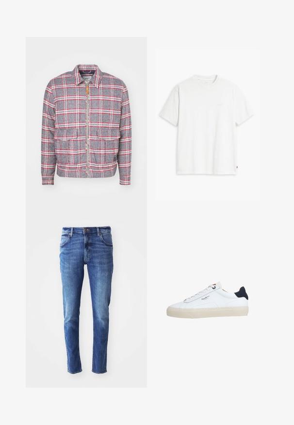 Grå og rød ternet jakke med lynlås foran, to forlommer og en simpel krave. Lavet af et struktureret stof. Casual design.; Hvid t-shirt i bomuld med korte ærmer, rund halsudskæring og en diskret "Levi's"-logo trykt i lyse farver på forsiden.; Blå denim jeans med slim fit, fem-lomme design og let falming. Har en mærke-knap og lynlåslukning.; Hvid lavtop-sneaker med beige sål, hvide snørebånd, sort hælkappe og "Pepe Jeans London"-logo på siden.