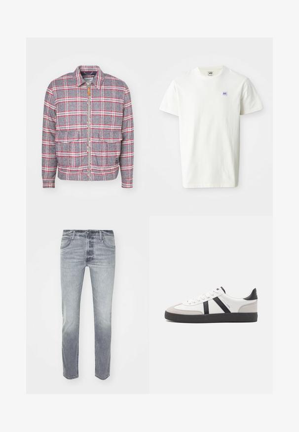 Veste à carreaux grise et rouge avec fermeture éclair à l'avant, deux poches avant et un col simple. Fabriquée dans un tissu texturé. Design décontracté.; T-shirt en coton blanc avec un col rond et des manches courtes. Affiche un petit logo rectangulaire en bleu et violet de Lee sur la poitrine gauche.; Jeans en denim gris avec un léger délavage, dotés d'un design à cinq poches, d'un zip et d'une coupe droite. Texture lisse et détails de coutures minimalistes.; Baskets blanches avec des accents noirs et gris, présentant un embout texturé gris, une semelle en caoutchouc noir et des lacets plats blancs. Design épuré, style minimaliste.