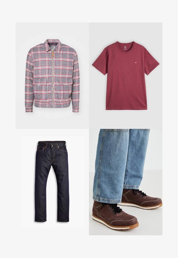 Grau-rot kariertes Jackett mit Reißverschluss, zwei Vorderaschen und einem schlichten Kragen. Aus einem strukturierten Stoff gefertigt. Lässiges Design.; Schlichtes bordeauxrotes Kurzarm-T-Shirt mit Rundhalsausschnitt und einem kleinen roten Levi's-Logo auf der linken Brust.; Dunkelblaue gerade geschnittene Jeans aus Denim mit fünf Taschen und orangefarbenen Kontrastnähten, flach auf einem weißen Hintergrund ausgelegt.; Braune Lederschuhe mit schwarzen Schnürsenkeln, weißer Naht und gummierter Sohle. Kombiniert mit hellblauen Denim-Jeans in leicht lockerer Passform.