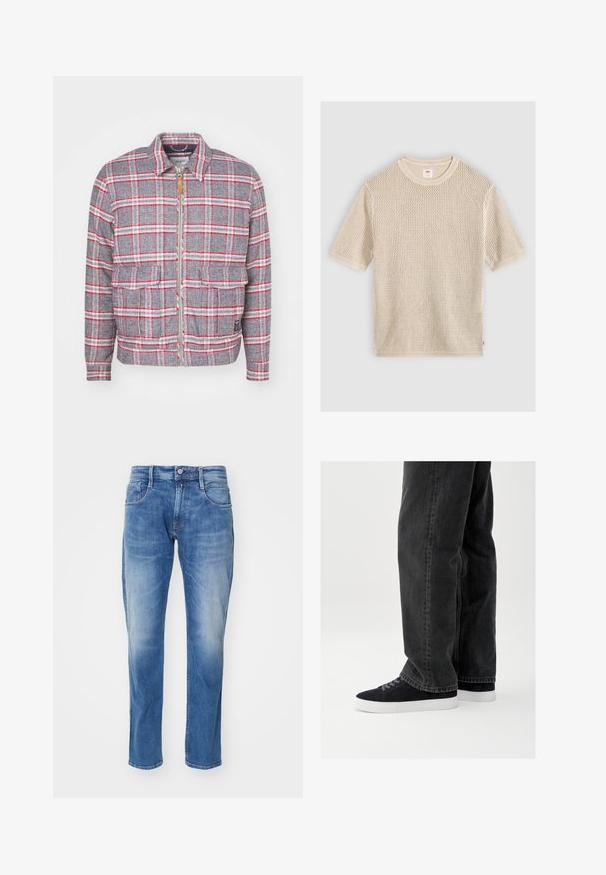 Grau-rot kariertes Jackett mit Reißverschluss, zwei Vorderaschen und einem schlichten Kragen. Aus einem strukturierten Stoff gefertigt. Lässiges Design.; Beiger kurzärmeliger Strickpullover mit rundem Ausschnitt und strukturiertem offenem Strickmuster, flach auf hellem Hintergrund liegend.; Hellblaue Jeans aus Denim mit geradem Bein, fünf Taschen, dezentem Verblassen und einem normalen Bund mit Knopfverschluss.; Schwarze Jeans aus Denim mit lockerem Schnitt, kombiniert mit marineblauen Wildleder-Sneakern mit weißen Gummisohlen und schwarzen Schnürsenkeln. Einfaches und modernes Design.