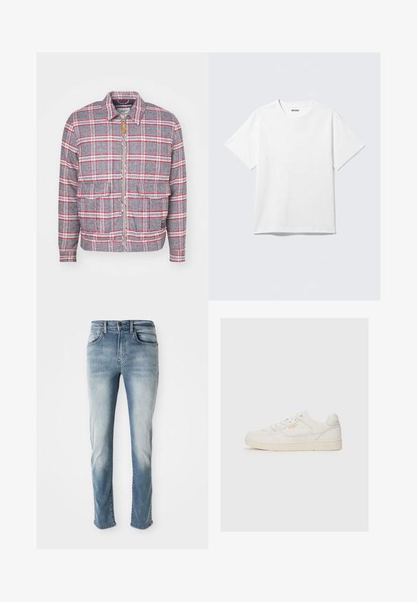 Grå og rød ternet jakke med lynlås foran, to forlommer og en simpel krave. Lavet af et struktureret stof. Casual design.; Hvid kortærmet crewneck T-shirt lagt fladt ud, ensfarvet design, med "WEEKDAY" mærkat inde i kraven på en lys baggrund.; Lysblå denim jeans med et klassisk fem-lomme design, subtil fading og lige ben-snit. Har knaplukning og bæltestropper.; Hvide lædersneakers med en glat overflade, der har perforerede detaljer, snørebånd fortil og et diskret logo i guld nær siden.