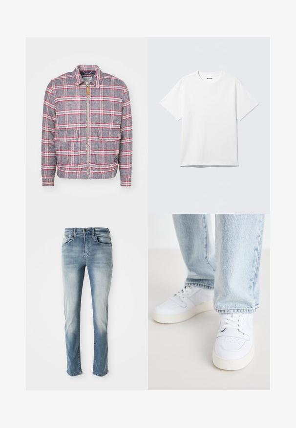 Veste à carreaux grise et rouge avec fermeture éclair à l'avant, deux poches avant et un col simple. Fabriquée dans un tissu texturé. Design décontracté.; T-shirt blanc à manches courtes et col rond, étalé à plat, design uni, avec l'étiquette "WEEKDAY" à l'intérieur du col sur un fond clair.; Jeans en denim bleu clair avec un design classique à cinq poches, une décoloration subtile et une coupe droite. Comprend une fermeture à bouton et des passants de ceinture.; Baskets basses en cuir blanc avec un bout perforé, des lacets plats et un design minimaliste. Associées à un jean en denim bleu clair.