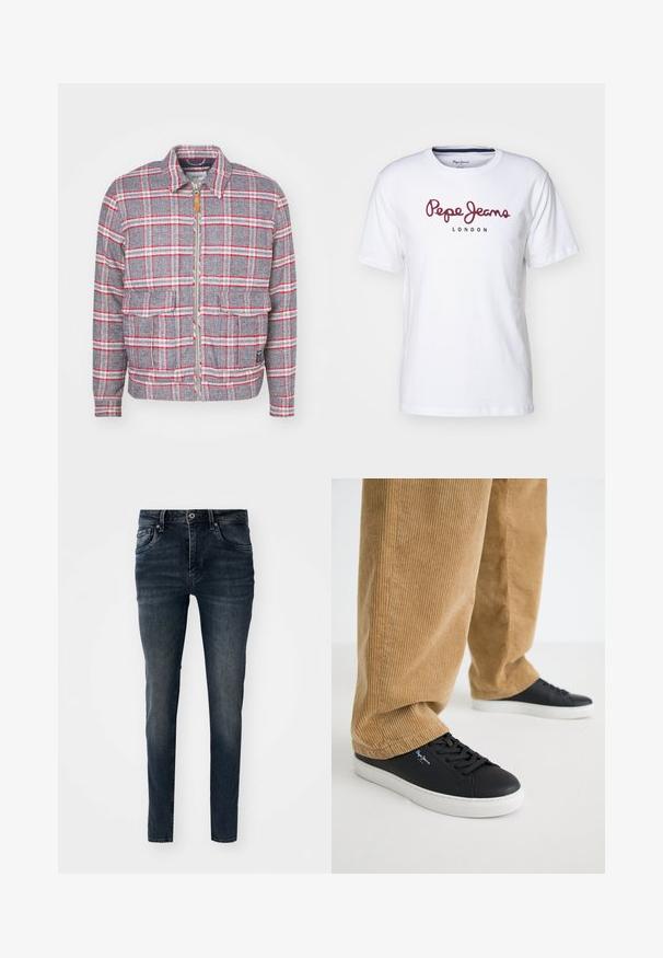 Grå og rød ternet jakke med lynlås foran, to forlommer og en simpel krave. Lavet af et struktureret stof. Casual design.; Hvid bomulds t-shirt med maroon "Pepe Jeans" logo og teksten "LONDON", rund hals, korte ærmer og en afslappet pasform.; Mørkeblå denim jeans med slim fit, fem-lomme design, lige ben og kontrast stikninger, samt knap- og lynlås lukning.; Sorte lædersneakers med hvide gummisåler. Båret med tanfarvede corduroybukser med vertikale ribber og en afslappet pasform.