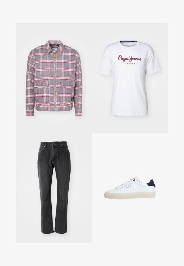 Grijze en rode geruite jas met een rits aan de voorkant, twee voorzakken en een eenvoudige kraag. Gemaakt van een gestructureerde stof. Casual ontwerp.; Witte katoenen T-shirt met bordeauxrode "Pepe Jeans" logo en "LONDON" tekst, ronde hals, korte mouwen en een relaxed fit.; Zwarte denim jeans met een rechte pasvorm, voorzien van vijf zakken, een knoopsluiting en gestikte details langs de naden en zakken.; Witte lage sneaker met een beige zool, witte veters, zwarte hielstrook en het logo "Pepe Jeans London" aan de zijkant.