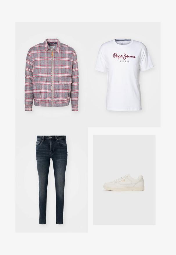 Grau-rot kariertes Jackett mit Reißverschluss, zwei Vorderaschen und einem schlichten Kragen. Aus einem strukturierten Stoff gefertigt. Lässiges Design.; Weißes Baumwoll-T-Shirt mit maroonfarbenem "Pepe Jeans"-Logo und dem Text "LONDON", Rundhalsausschnitt, kurze Ärmel und lässige Passform.; Dunkelblaue Jeans aus Denim mit schlanker Passform, fünf Taschen, geraden Beinen und Kontrastnähten, mit einem Knopf- und Reißverschluss.; Weiße Leder-Sneaker mit glatter Textur, versehen mit perforierten Akzenten, Schnürung an der Vorderseite und einem subtilen Logo in Gold an der Seite.