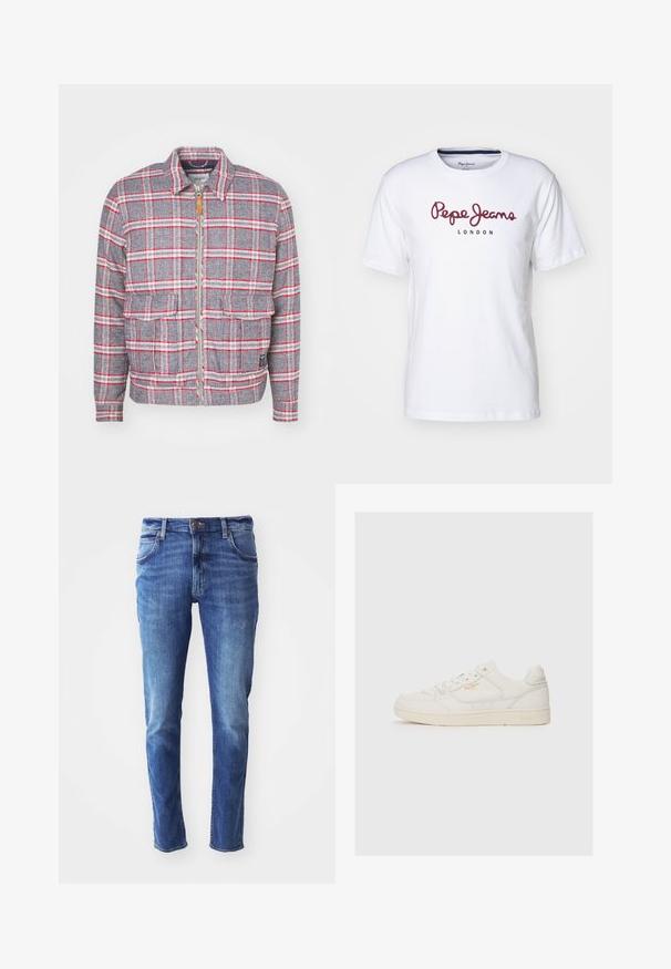 Veste à carreaux grise et rouge avec fermeture éclair à l'avant, deux poches avant et un col simple. Fabriquée dans un tissu texturé. Design décontracté.; T-shirt en coton blanc avec le logo maroon "Pepe Jeans" et le texte "LONDON", col rond, manches courtes et coupe décontractée.; Jean en denim bleu avec une coupe slim, design à cinq poches et léger délavage. Équipé d'un bouton et d'une fermeture éclair de marque.; Sneaker en cuir blanc avec une texture lisse, comportant des accents perforés, un laçage à l'avant, et un logo subtil en doré près du côté.
